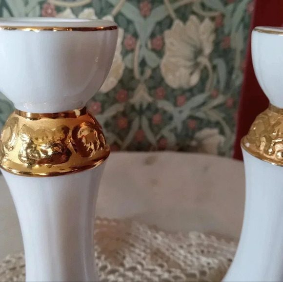 Set of 2 vintage Candle holder ceramic White and gold - Picture 4 of 4